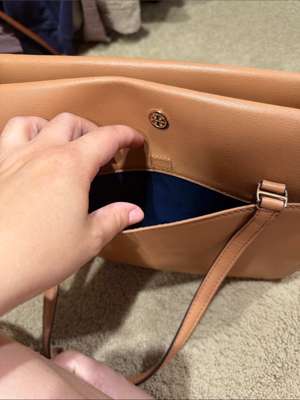 Tory Burch Small Parker Tote - Camel Leather Tote with Logo Tag - Picture 10 of 11